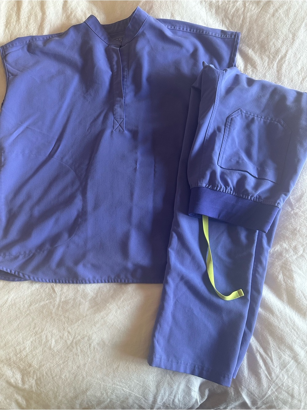 Figs Women's Scrub Set in Periwinkle Blue with Neon Lime Drawstring
